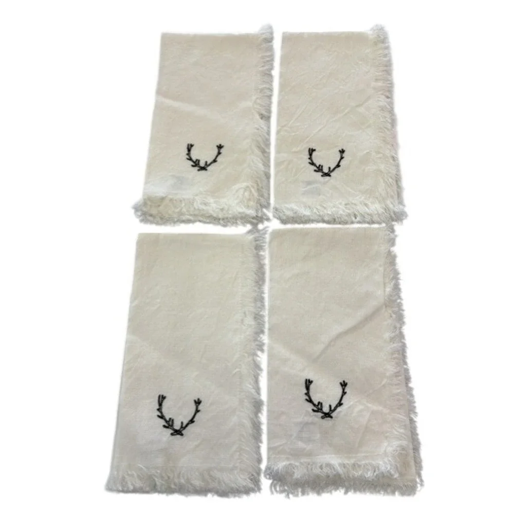 Hearth & Hand Magnolia Set of 4 Linen Blend Coral Embroidered Napkins Cream